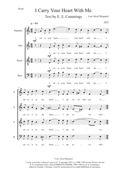 Sheet music for 'I Carry Your Heart With Me' by E.E. Cummings with musical notation.