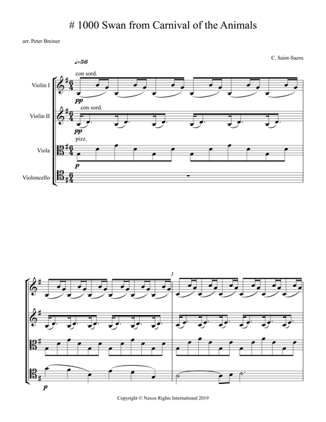 Charles-Camille Saint-Saëns: Swan from Carnival of the Animals – Arrangement for String Quartet by Peter Breiner (PB111)