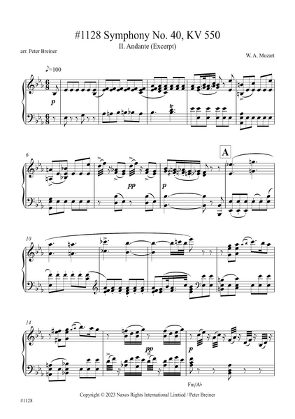 Wolfgang Amadeus Mozart: Excerpt from the 2nd movt. (Andante) of Symphony No. 40, KV 550 (arranged for piano by Peter Breiner) (PB229)