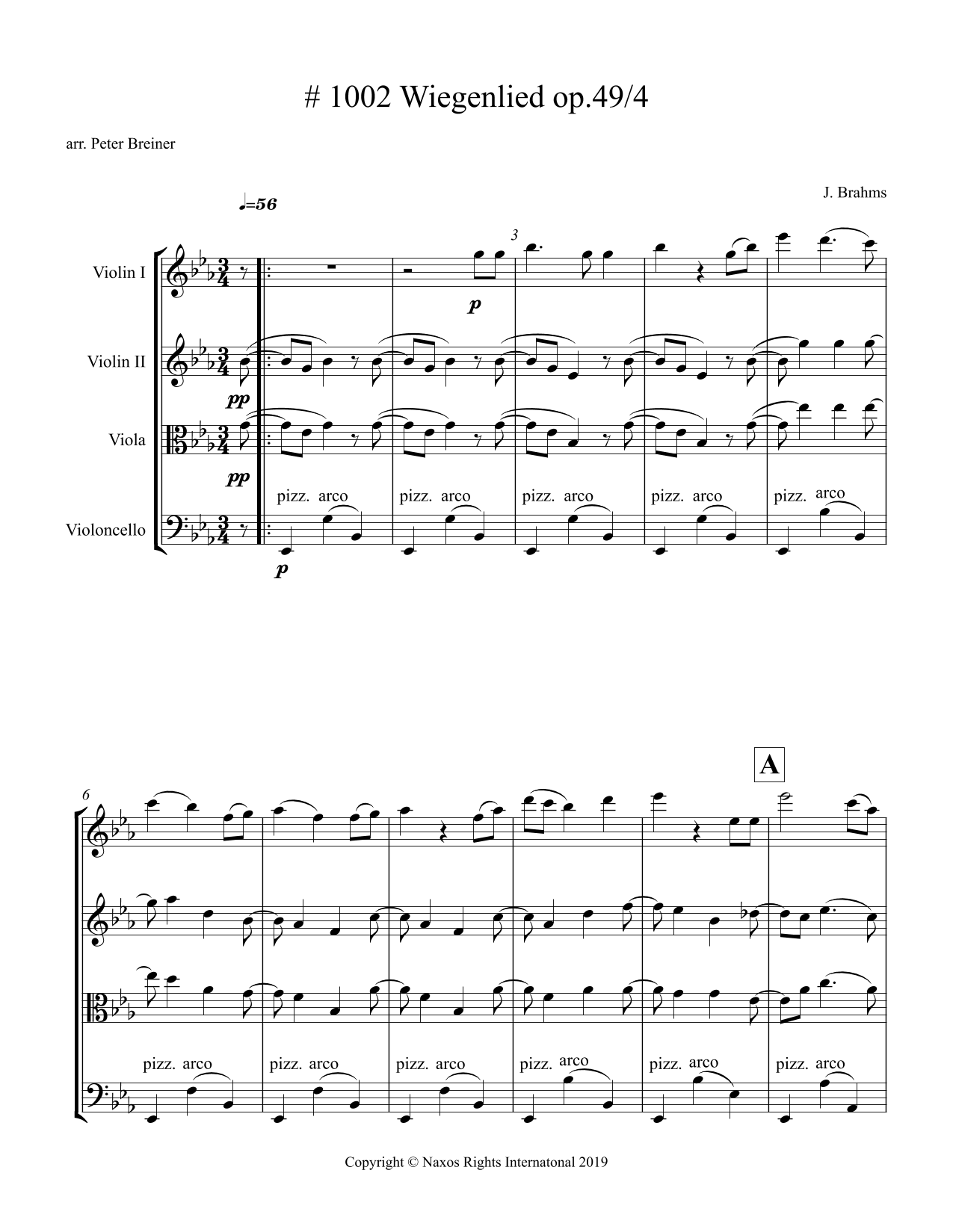 Johannes Brahms: Wiegenlied – for String Quartet Johannes Brahms: Wiegenlied – for String Quartet