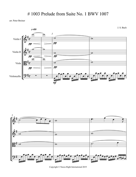 J.S. Bach: Prelude from Suite No.1, BWV 1007 – Arrangement for String Quartet by Peter Breiner (PB114)