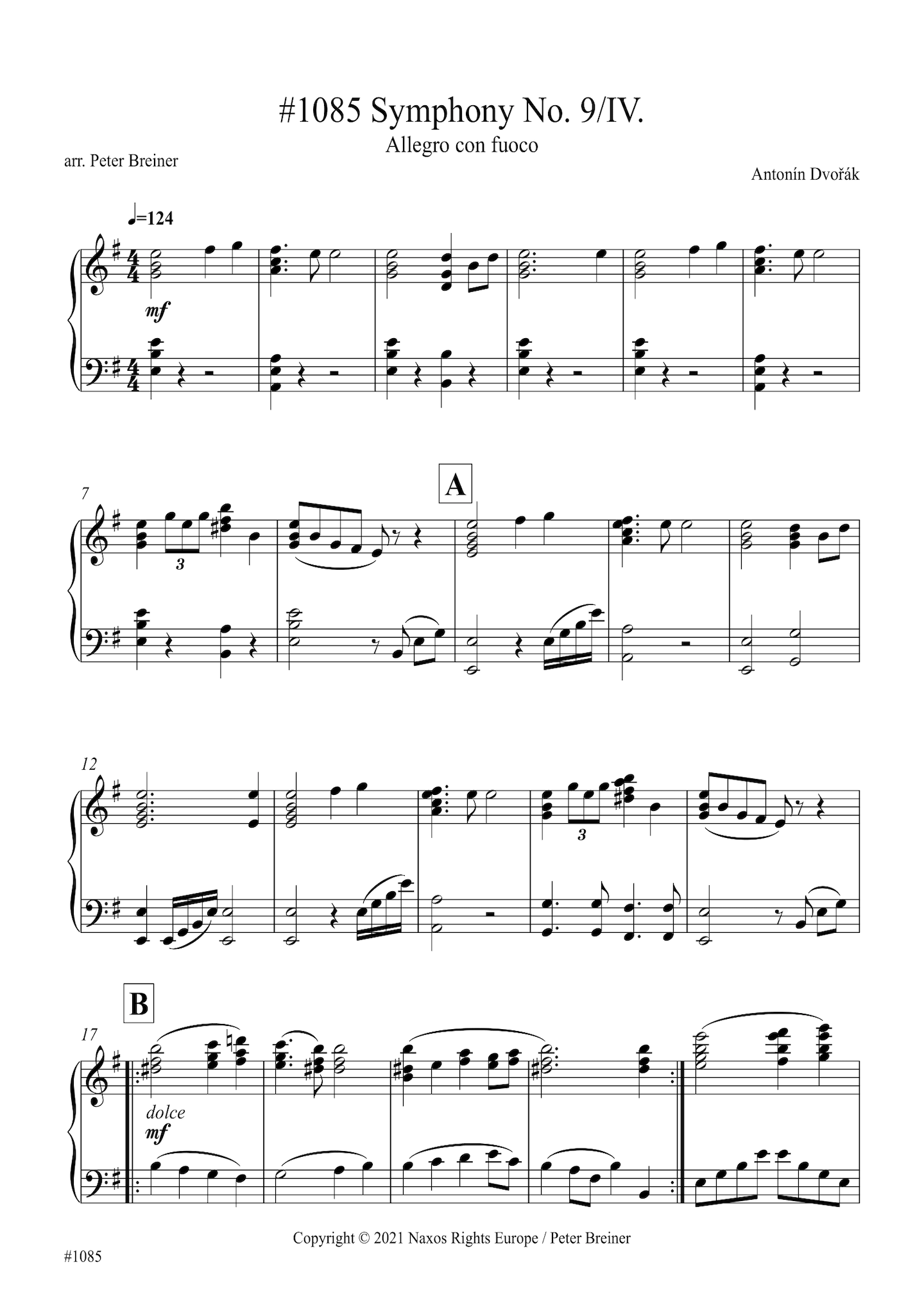Antonín Dvořák: Allegro con fuoco, Movt. IV from Symphony No. 9 in E Minor (From the New World) (arranged for piano by Peter Breiner) (PB171)
