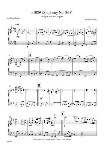 Antonín Dvořák: Allegro ma non troppo, Movt. IV from Symphony No. 8 in G Major (arranged for piano by Peter Breiner) (PB167)