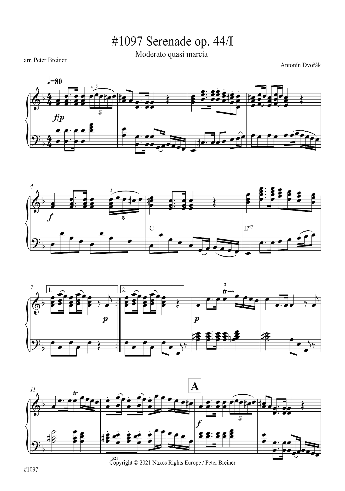 Antonín Dvořák: Serenade in D Minor, I. Moderato quasi marcia (arranged for piano by Peter Breiner) (PB158)