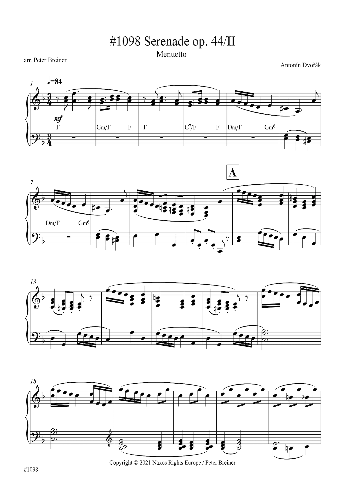 Antonín Dvořák: Serenade in D Minor, II. Menuetto (arranged for piano by Peter Breiner) (PB159)