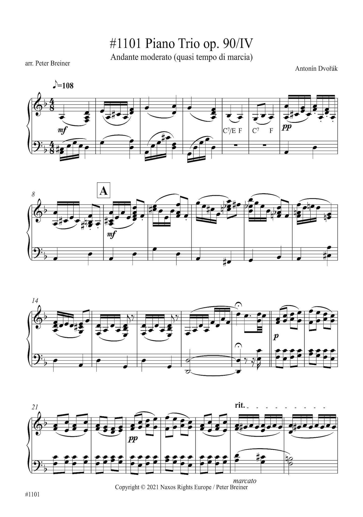 Antonín Dvořák: Andante moderato (quasi tempo di marcia), Movt. IV from Piano Trio No. 4 in E Minor (Dumky) (arranged for piano by Peter Breiner) (PB162)