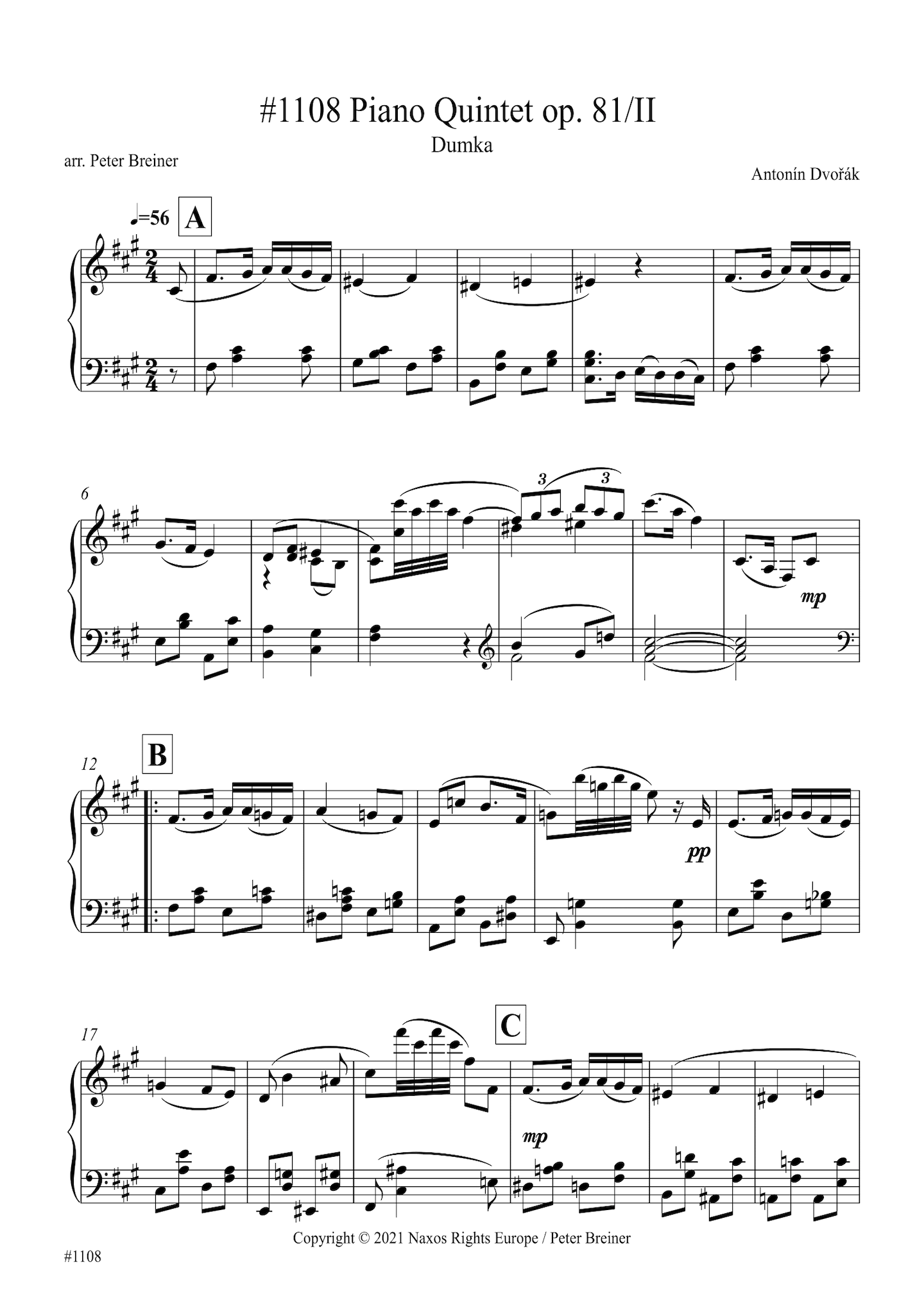 Antonín Dvořák: Dumka, from Piano Quintet in A Major (arranged for piano by Peter Breiner) (PB151)