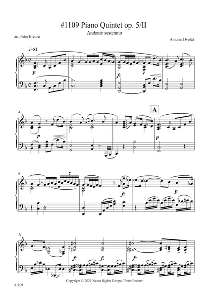 Antonín Dvořák: Andante sostenuto, from Piano Quintet in A Major (arranged for piano by Peter Breiner) (PB152)