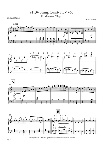 Wolfgang Amadeus Mozart: Menuetto-Allegretto (3rd movt.) from String Quartet KV 465 (arranged for piano by Peter Breiner) (PB223)