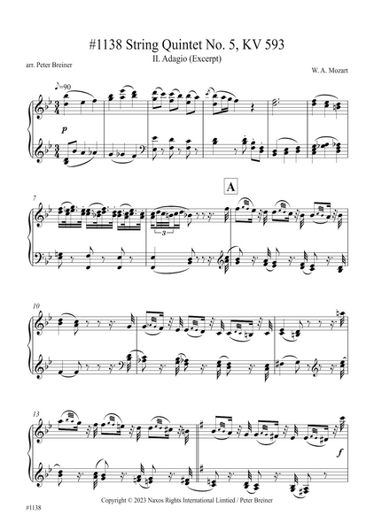 Wolfgang Amadeus Mozart: Excerpt from the 2nd movt. (Adagio) of String Quintet KV 593 (arranged for piano by Peter Breiner) (PB221)