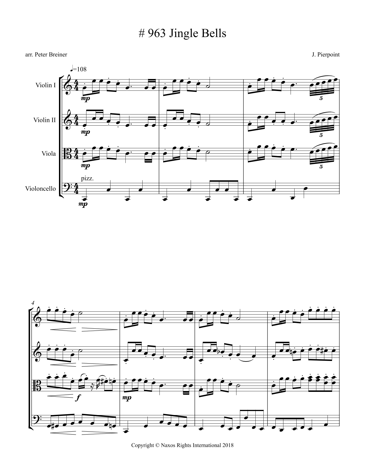 Jingle Bells – Arrangement for String Quartet by Peter Breiner (PB074)