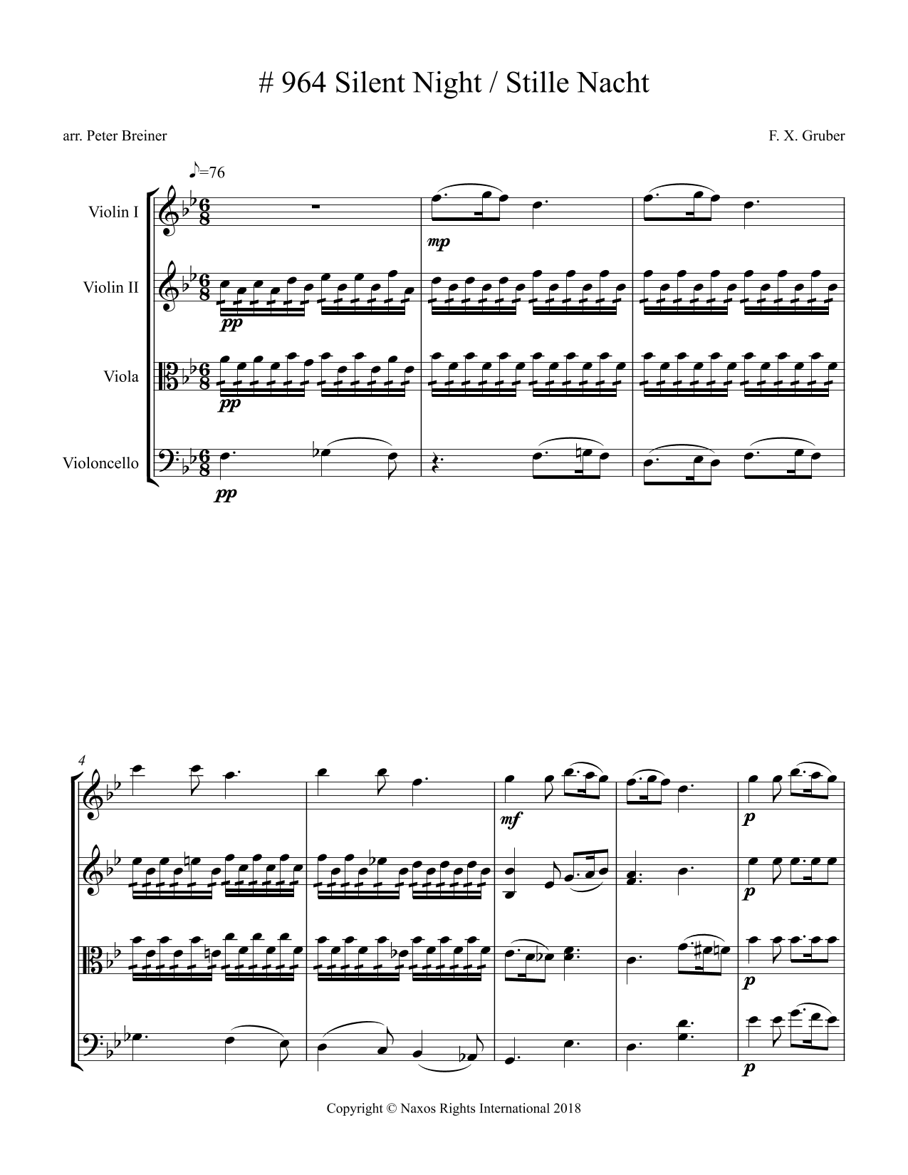 Silent Night – Arrangement for String Quartet by Peter Breiner (PB075)