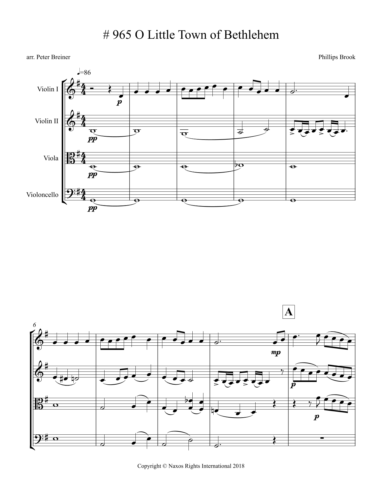 Little Town of Bethlehem – Arrangement for String Quartet by Peter Breiner (PB076)