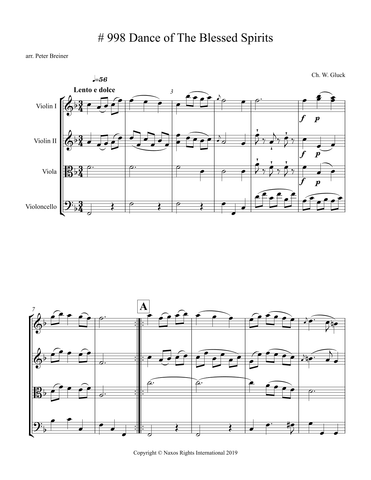 Christoph Willibald Gluck: Dance of the Blessed Spirits – Arrangement for String Quartet by Peter Breiner (PB109)